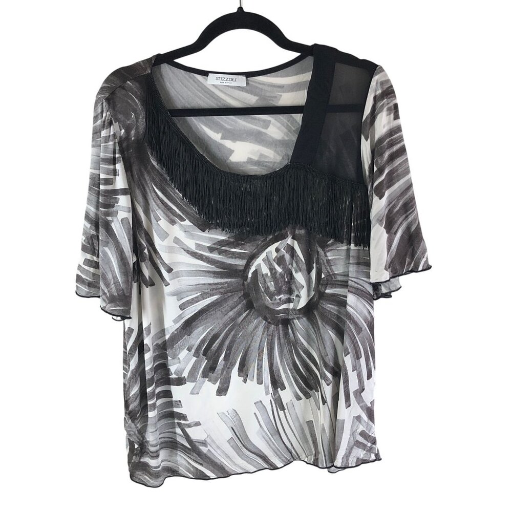 Stizzoli Womens Top Blouse Mixed Media Fringe Asymmetric Gray Black 52 US 16